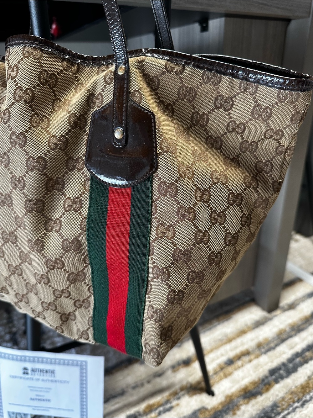 AUTHENTIC Vintage Gucci Brown Monogram Tote Green & Red Web Stripes & COA - Picture 4 of 11